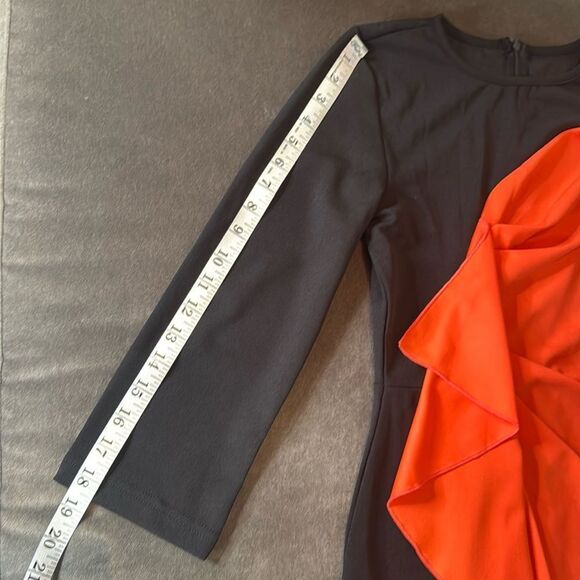 Women’s Black & Orange Asymmetrical Ruffle Midi Dress 3/4 Sleeve Zip Back Size M - Picture 12 of 14